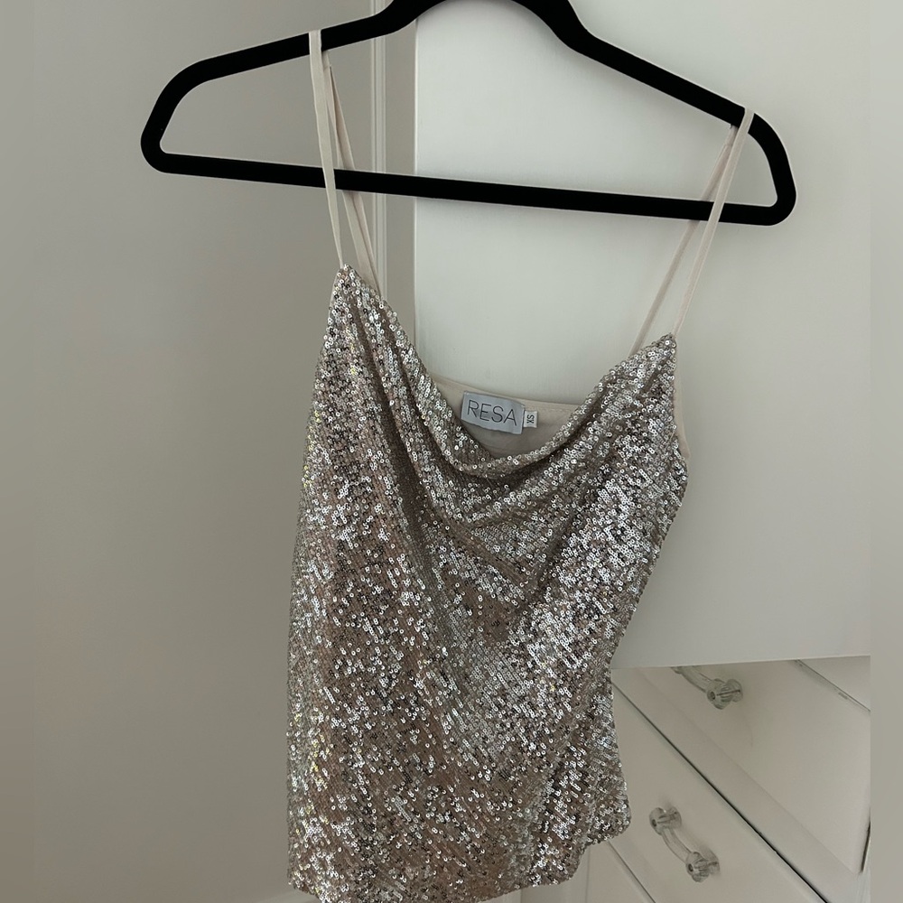 RESA Silver Sequin Cowl Neck Tank